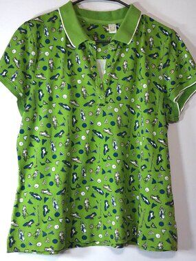 Liz Golf Women’s Polo Shirt XL Green Golf Print Short Sleeve Casual Top